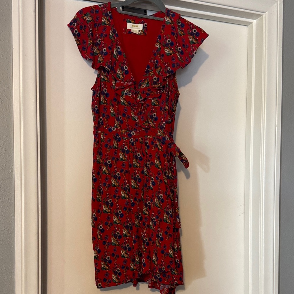 Maeve Red Floral faux wrap Dress 6P